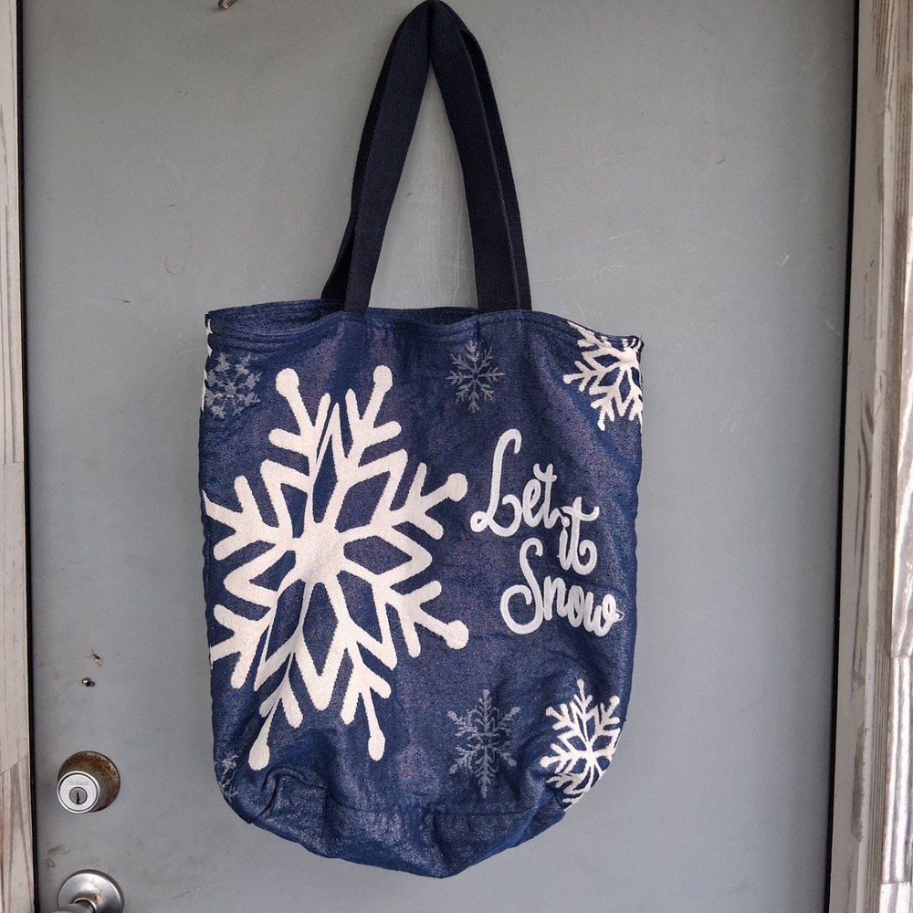 Blue Shimmer Let It Snow Snowflake Embroidered Tote Bag Holiday Winter Christmas